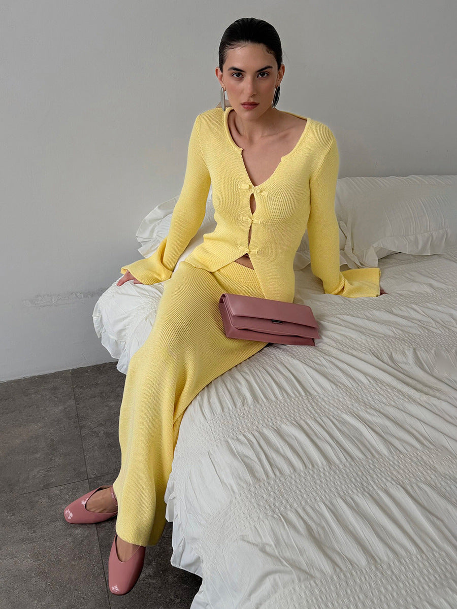Bell-sleeve Cardigan And High-waisted Straight Long Skirt Two-piece Set