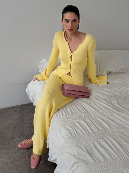Bell-sleeve Cardigan And High-waisted Straight Long Skirt Two-piece Set