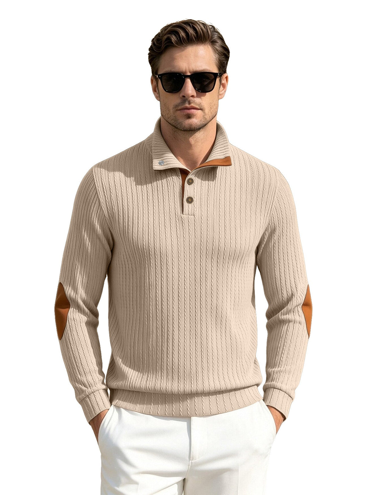 Men's Stand Collar Textured Jacquard Sleeve Patch Sweatshirt, American-Style Plus Size Casual Sports Polo Shirt For Export