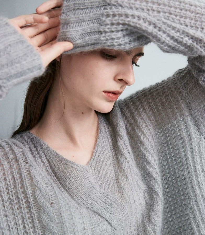 Mohair V-neck Cable Knit Sweater