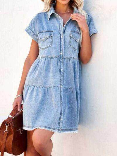 Raw Hem Short Sleeve Denim Dress for Casual Style