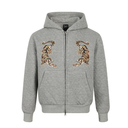 Tiger-Embroidered Rhombic-Check Thickened Hoodie