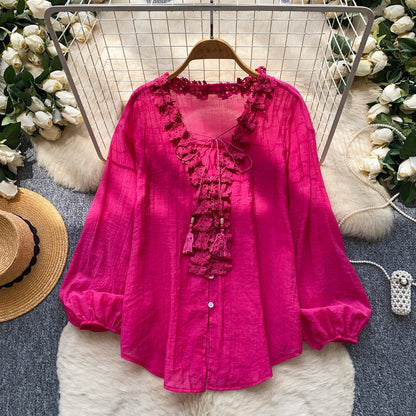 Womens Solid-Color Silk-Panel V-Neck Lace-Up Shirt