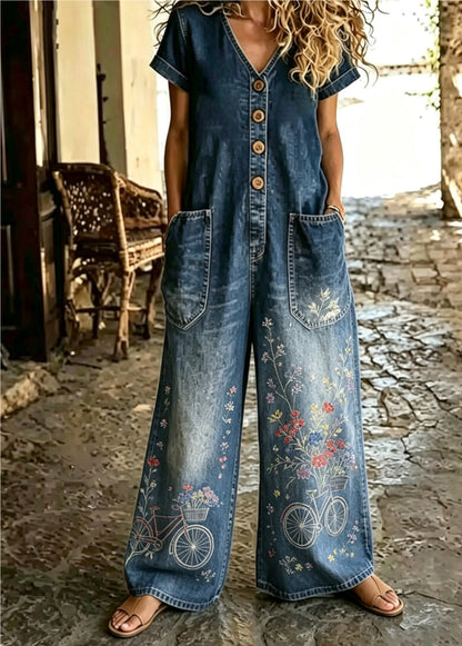 Buttoned Pockets Comfortable Short Sleeves Casual One-piece Wide-leg Jumpsuit