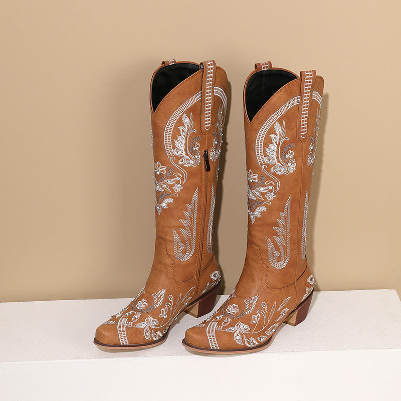 Womens Embroidered Rhinestone Chunky High-Heel Boots