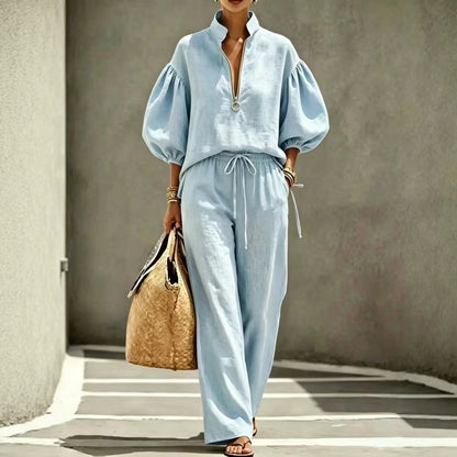 Loose-fitting Solid-color Womens Set With A Half-zip And Puff Sleeves