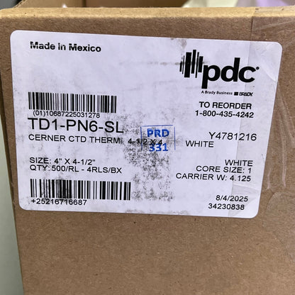 PDC (4 PACK, 500 PER ROLL) Direct Thermal Paper Label Cerner 1" Core TD1-PN6-SL