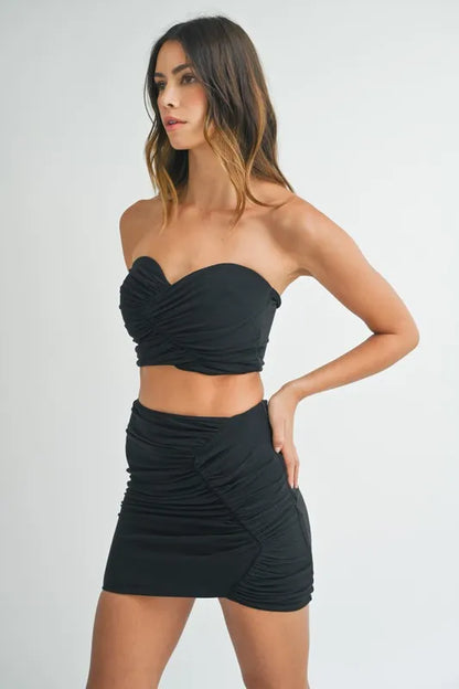 MABLE Ruched Tube Crop Top and Skirt Set