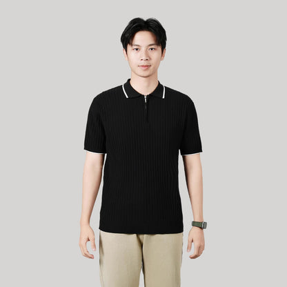 Men's Half-zip Ice Silk Knitted Lapel Vertical Striped Top