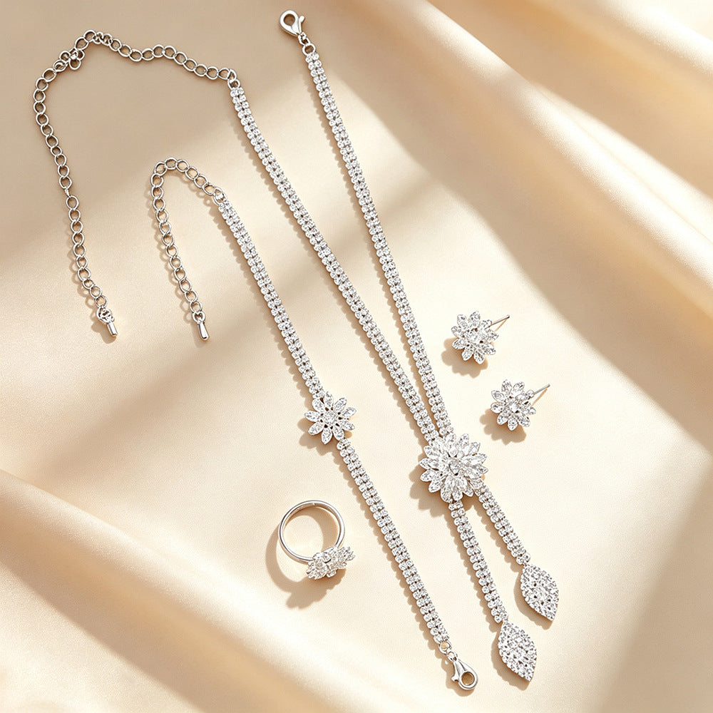 Flower Zircon Necklace Earring Bracelet Three-piece Set