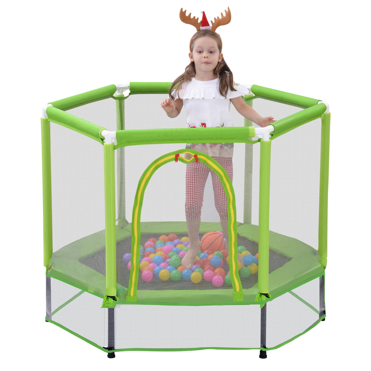 55'' Toddlers Trampoline with Safety Enclosure Net and Balls, Indoor Outdoor Mini Trampoline for Kids
