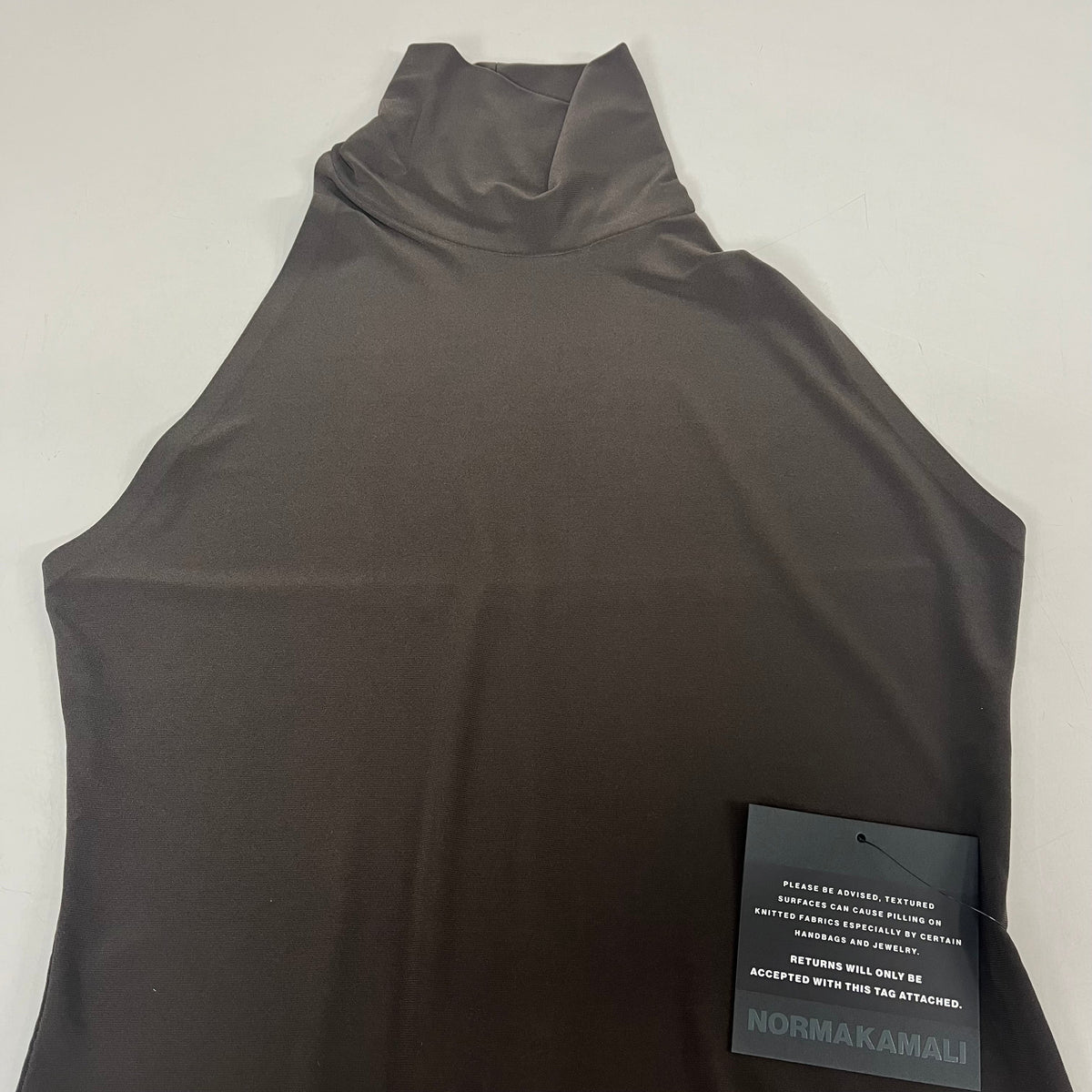 NORMA KAMALI Halter Turtle Fishtail Gown 4-Way Stretch Womens Sz M/38 Chocolate
