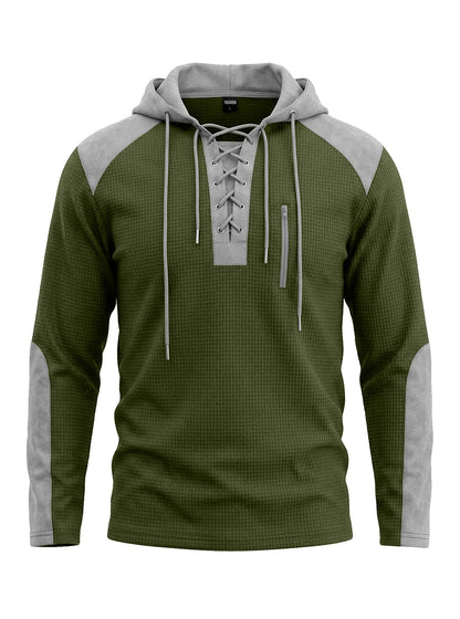 Cross-border TK Men's Waffle Pattern Color-blocked Hoodie, European And American Style, With Drawstring, Plus-size Long-sleeve Top, Casual Pullover Sweatshirt