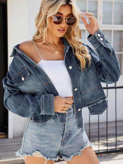Button Up Long Sleeve Denim Jacket with Pockets for Women