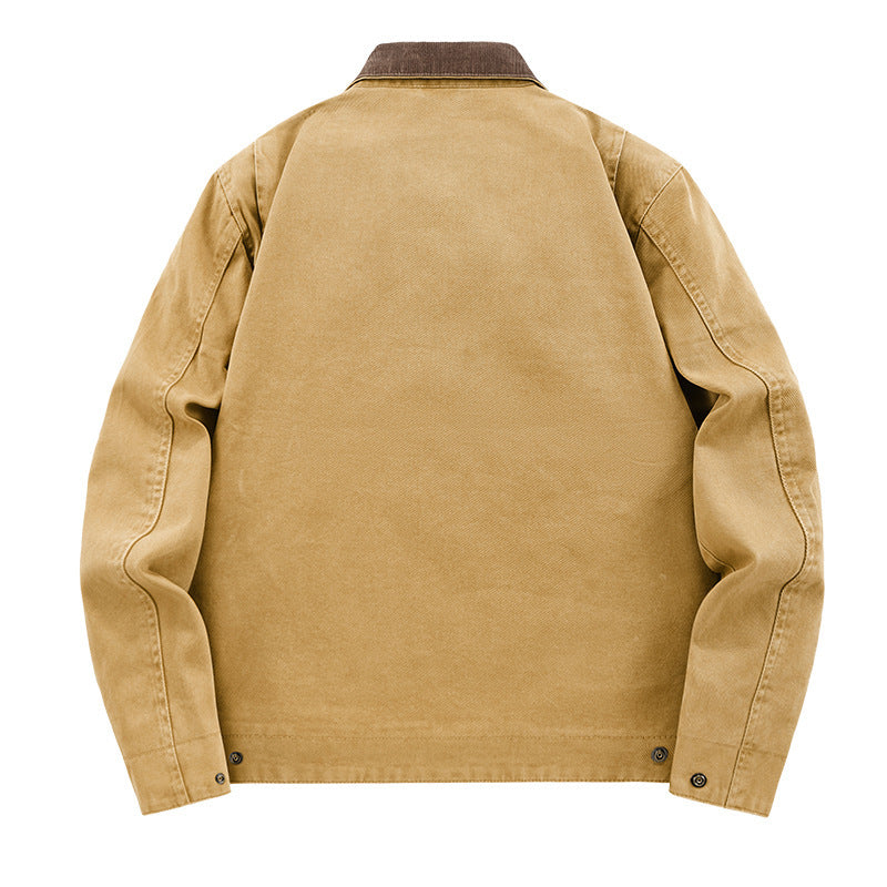 Lightweight Loose-fit Plus-size Washed Work Jacket With A Lapel Collar