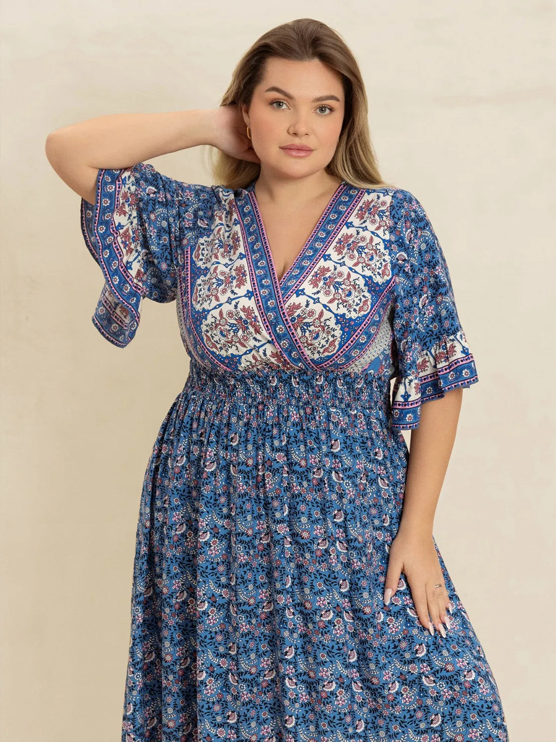Plus Size Printed Surplice Half Sleeve Dress