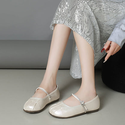 Women Elegant Tiny Rhinestone Flower Thin Single Strap Flats, Round Toe Shiny Metallic Soft PU Matching Casual Daily Doll