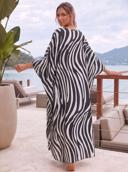 Zebra Printing Beach Cover-ups V-Neck Batwing Sleeves Summer Caftan Dress