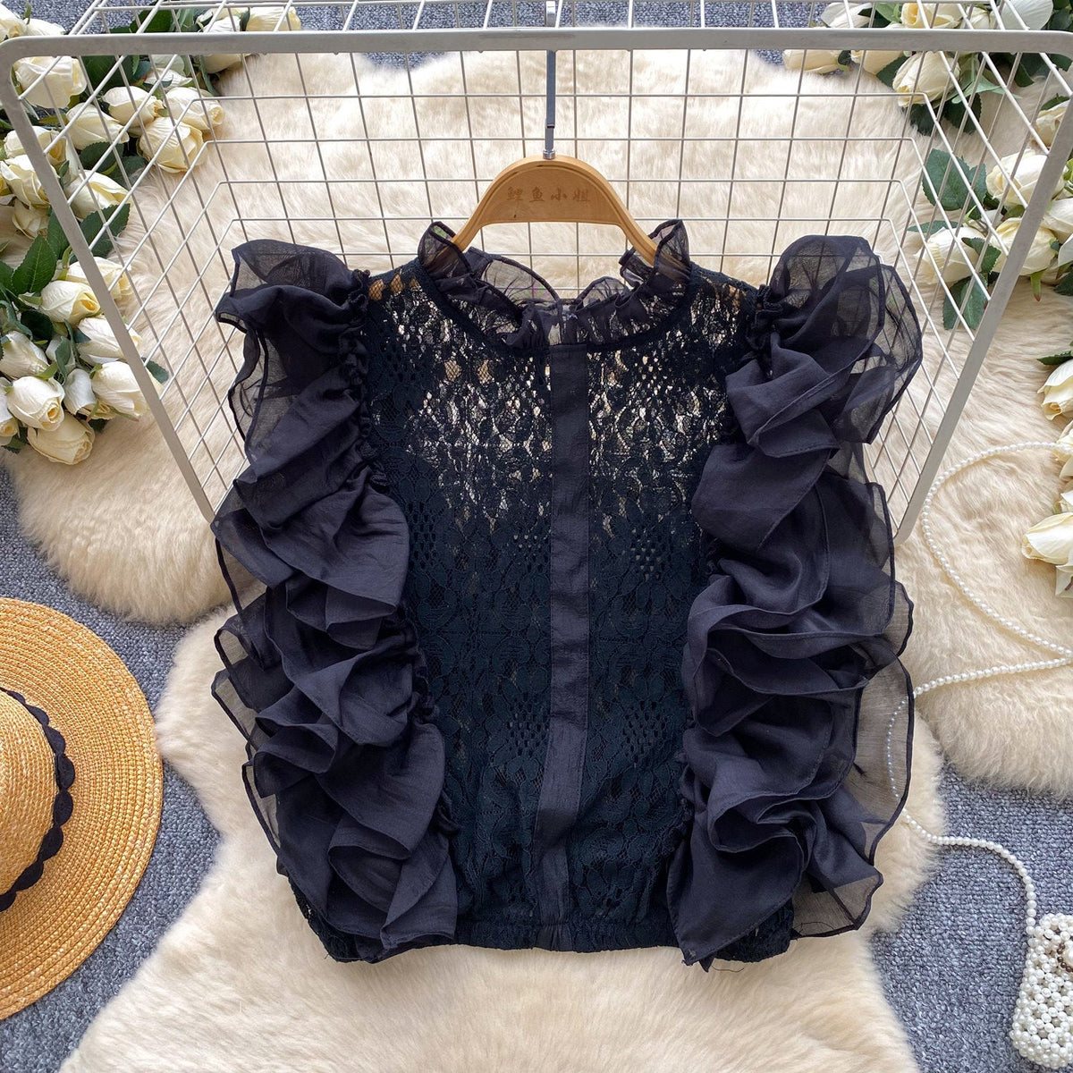 Lace Sleeveless Top With Ruffled Paneling And Hollowed-Out Details