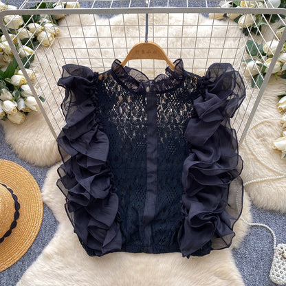 Lace Sleeveless Top With Ruffled Paneling And Hollowed-Out Details
