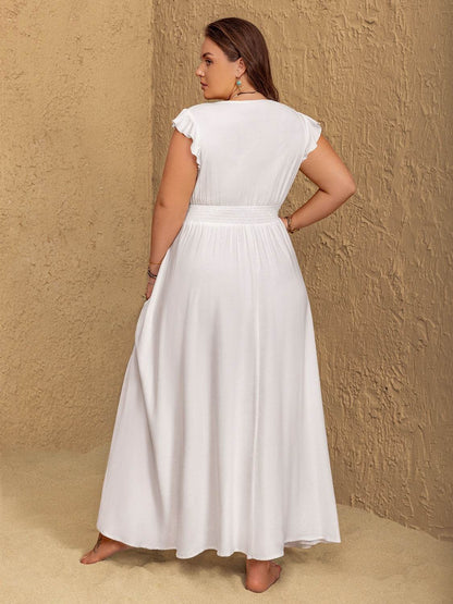 Plus Size Embroidered Floral V-Neck Cap Sleeve Maxi Dress