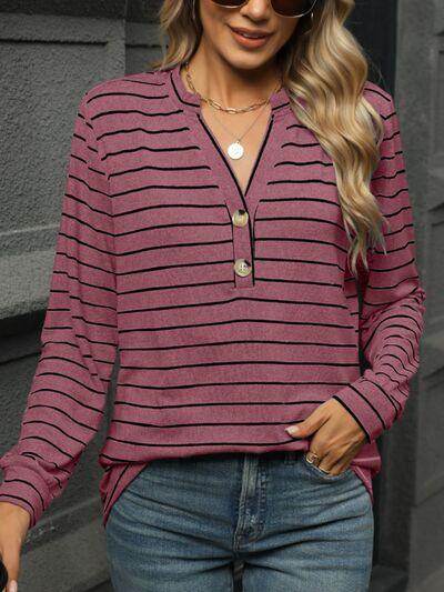 Striped Notched Long Sleeve T-Shirt for Casual Style