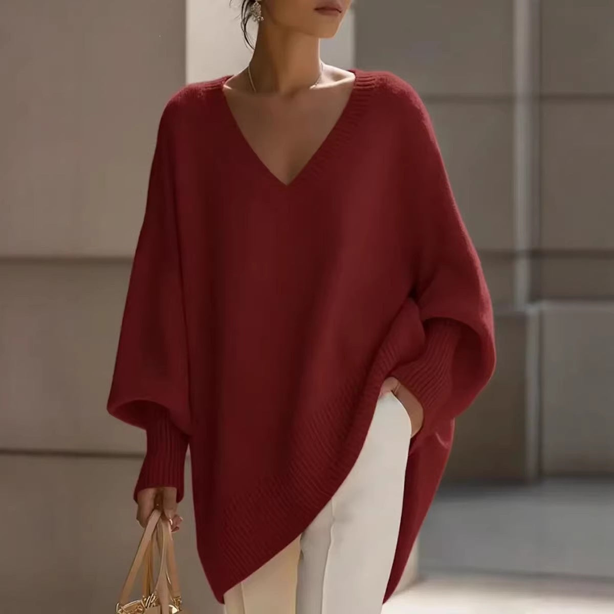 Women's V Neck Oversized Knit Sweater, Long Sleeve Solid Color Lazy Style Loose Asymmetric Hem Pullover Top For Spring Daily Wear