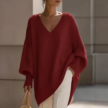 Women's V Neck Oversized Knit Sweater, Long Sleeve Solid Color Lazy Style Loose Asymmetric Hem Pullover Top For Spring Daily Wear