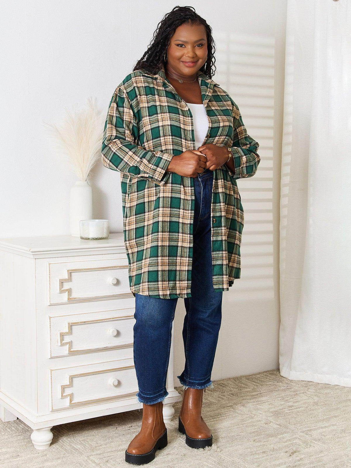 Mandy Plaid Collared Neck Long Sleeve Shirt for Women