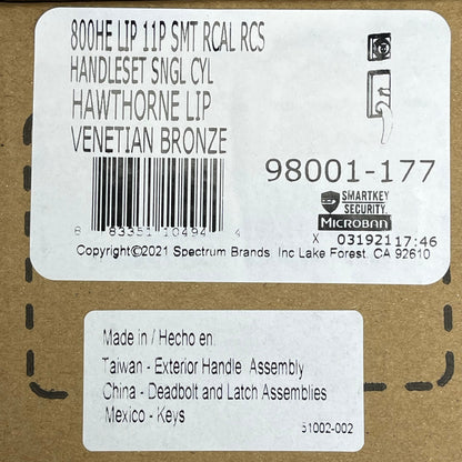 KWIKSET Hawthorne Handle Set Single Cylinder SmartKey Venetian Bronze 98001-177