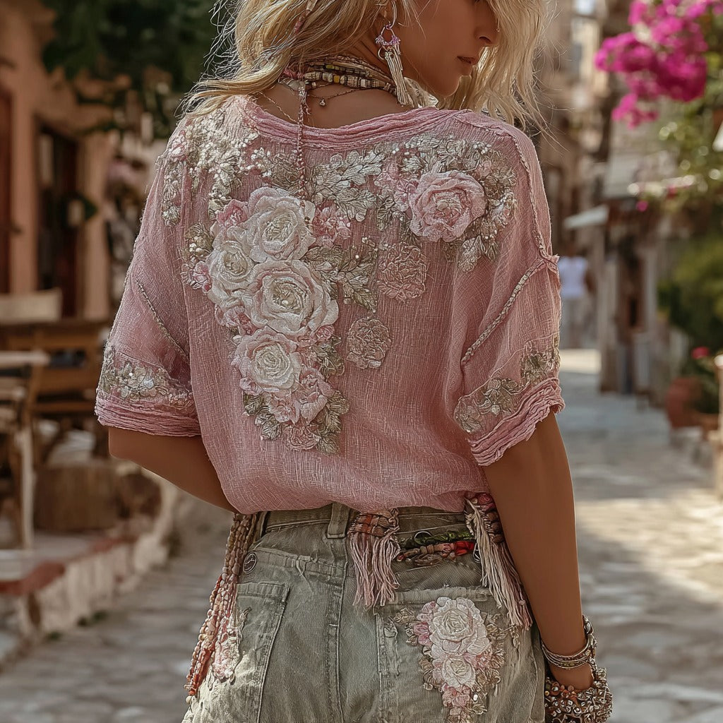 Womens Retro Printed Patchwork Crew-Neck Top