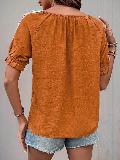 Perfee Tied Crochet Detail Short Sleeve Blouse for Women