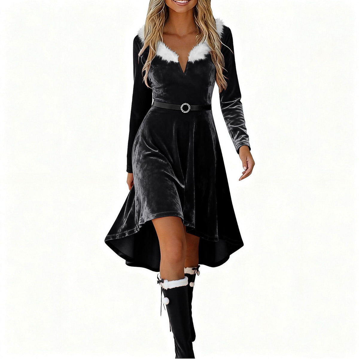 Christmas Womens Fur-Patchwork V-Neck Long-Sleeve Dress