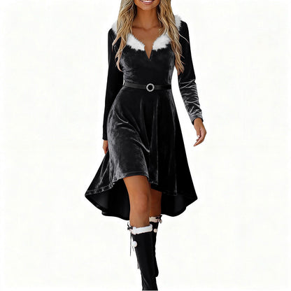 Christmas Womens Fur-Patchwork V-Neck Long-Sleeve Dress