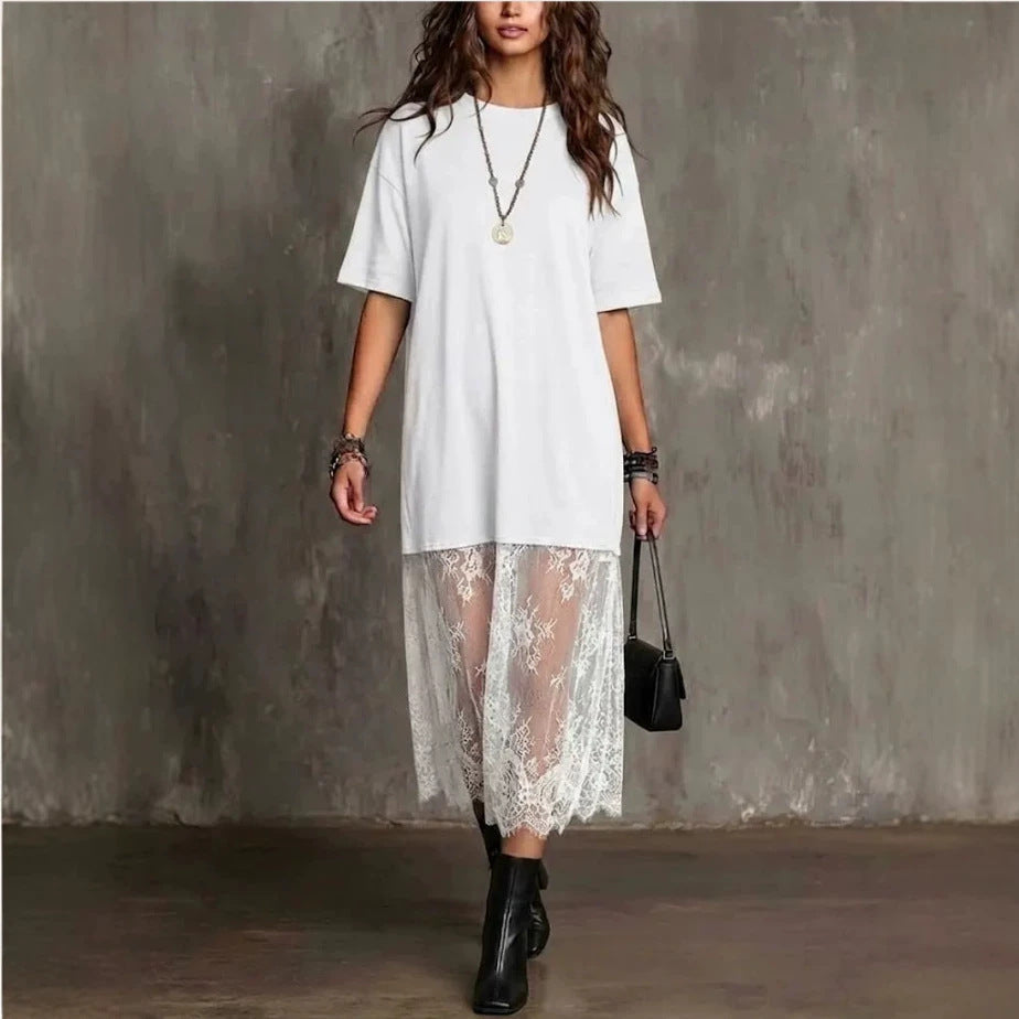 Womens Solid-Color Lace-Patchwork Short-Sleeve Dress