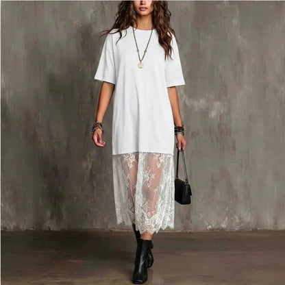 Womens Solid-Color Lace-Patchwork Short-Sleeve Dress