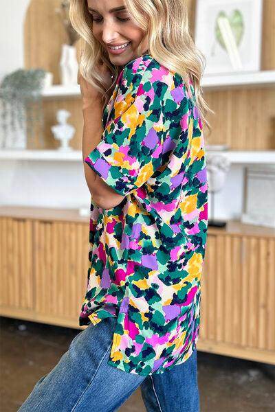 Double Take Full Size Printed V-Neck Short Sleeve Top