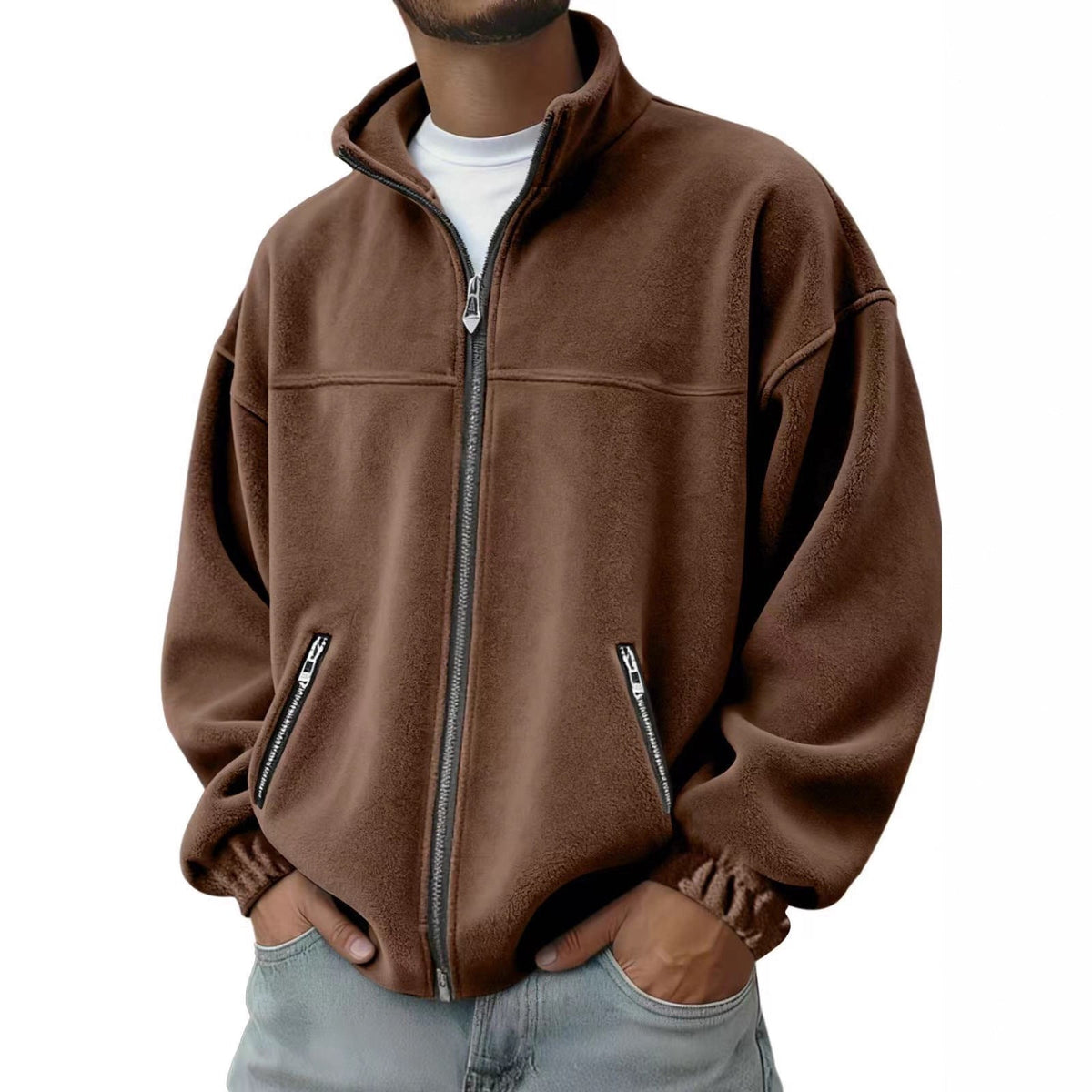 Fleece Stand-up Collar Zip-up Hoodie Casual Jacket