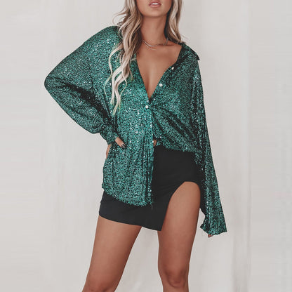 Spring Summer New European And American Sequin Top With Turn-down Collar, Long Sleeve Cardigan, Basic Cross-border Women's Shirt Jacket