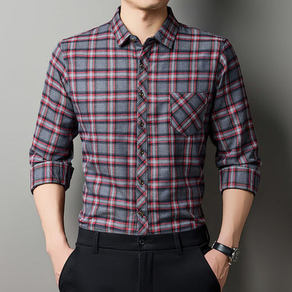 Breathable Fashionable Plaid Long-sleeve Printed Shirt For Middle-aged Men