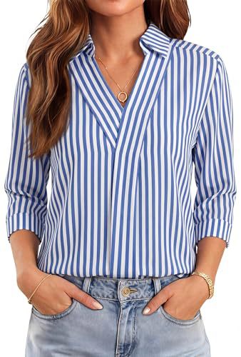 Womens Casual Striped Blouse With Three-quarter Sleeves