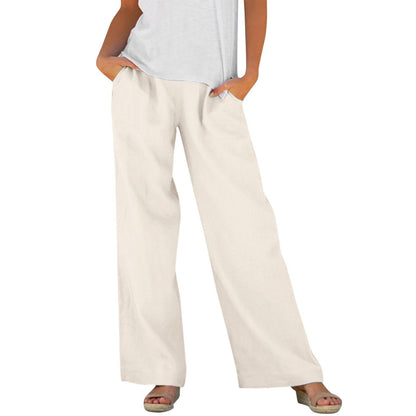 Solid-color Loose-fitting Elastic-waist Wide-leg Casual Pants