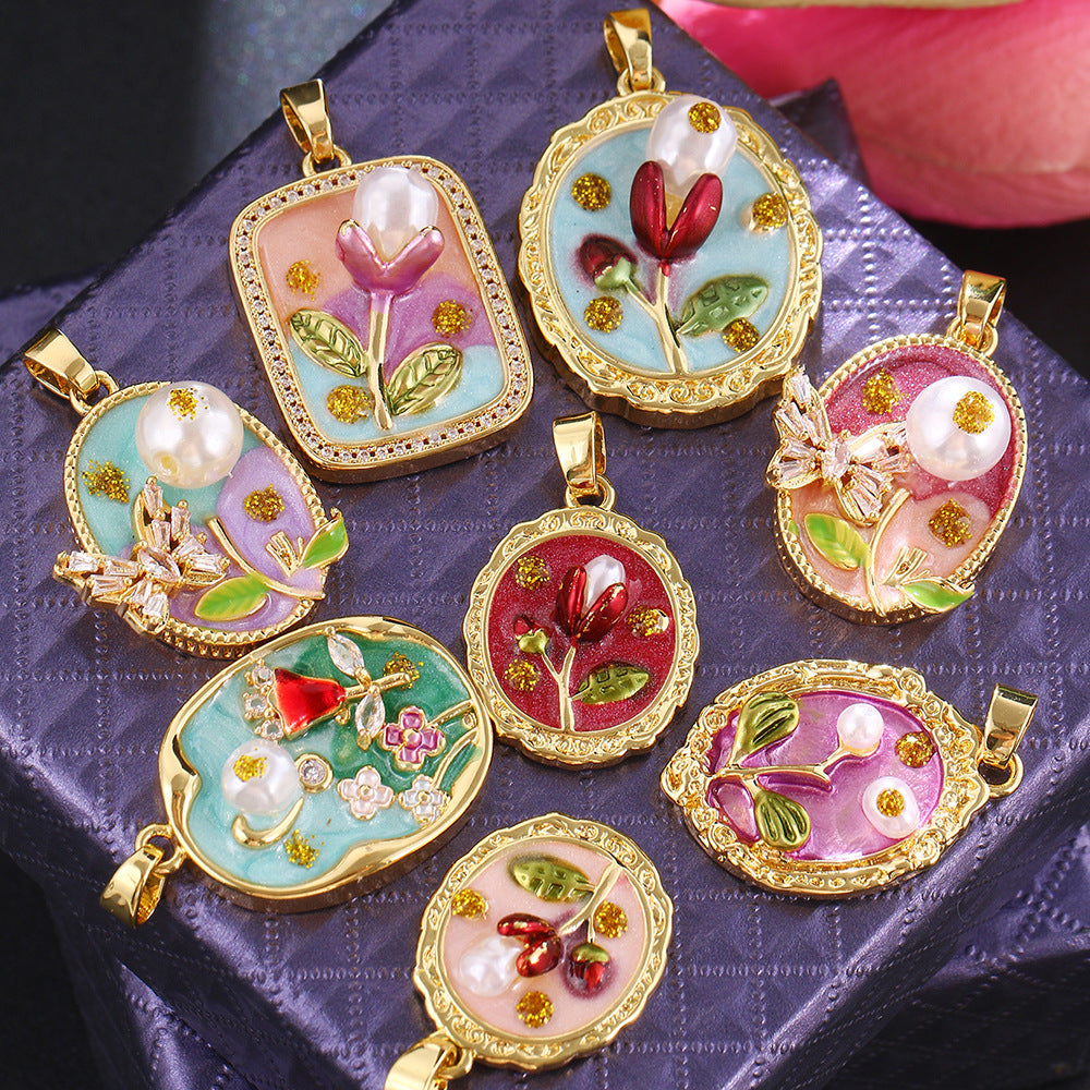 Floral-Painted Dripped-Glaze Universal-Clip Necklace DIY Pendant