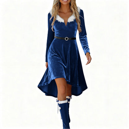 Christmas Womens Fur-Patchwork V-Neck Long-Sleeve Dress