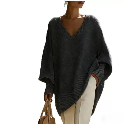 Women's V Neck Oversized Knit Sweater, Long Sleeve Solid Color Lazy Style Loose Asymmetric Hem Pullover Top For Spring Daily Wear