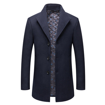 Stand-collar Cotton-lined Wrinkle-resistant Mid-length Wool Coat