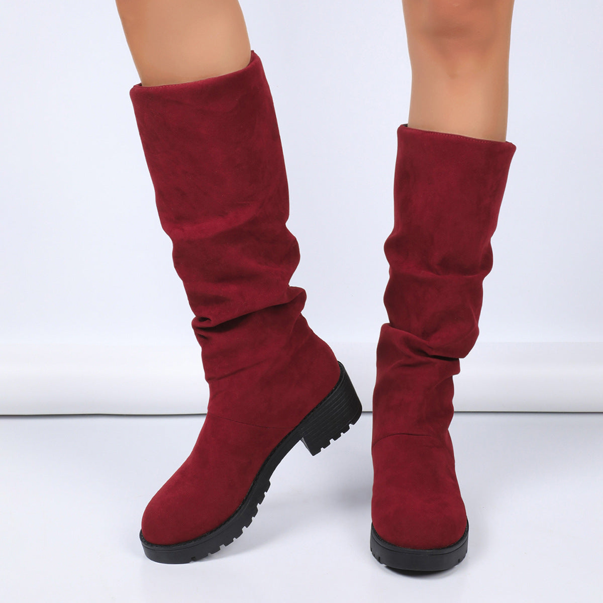 Leopard-print Suede Block-heeled Versatile Pleated Booties