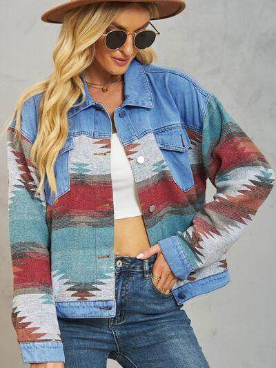 Geometric Button Up Dropped Shoulder Denim Jacket for Women
