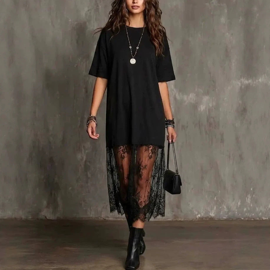 Womens Solid-Color Lace-Patchwork Short-Sleeve Dress