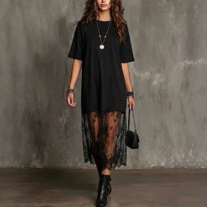 Womens Solid-Color Lace-Patchwork Short-Sleeve Dress